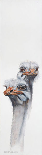 The boys are back in town - Painted from photos I took in at Tala Game Reserve, KwaZulu Natal. A fun view of these male ostrich showing their huge eyes and stunning eyelashes.SOLD