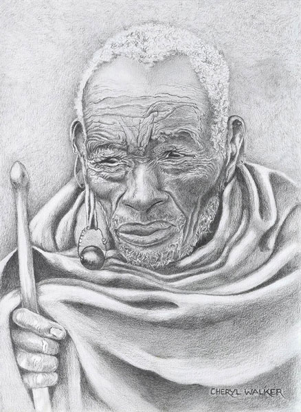 Old Man - This wonderful old man is dressed in traditional wear to keep out the freezing cold in the Maluti Mountains.   The wooden stick - to aid his walking through the hills ( Materials  : Graphic pencil on card )SOLD